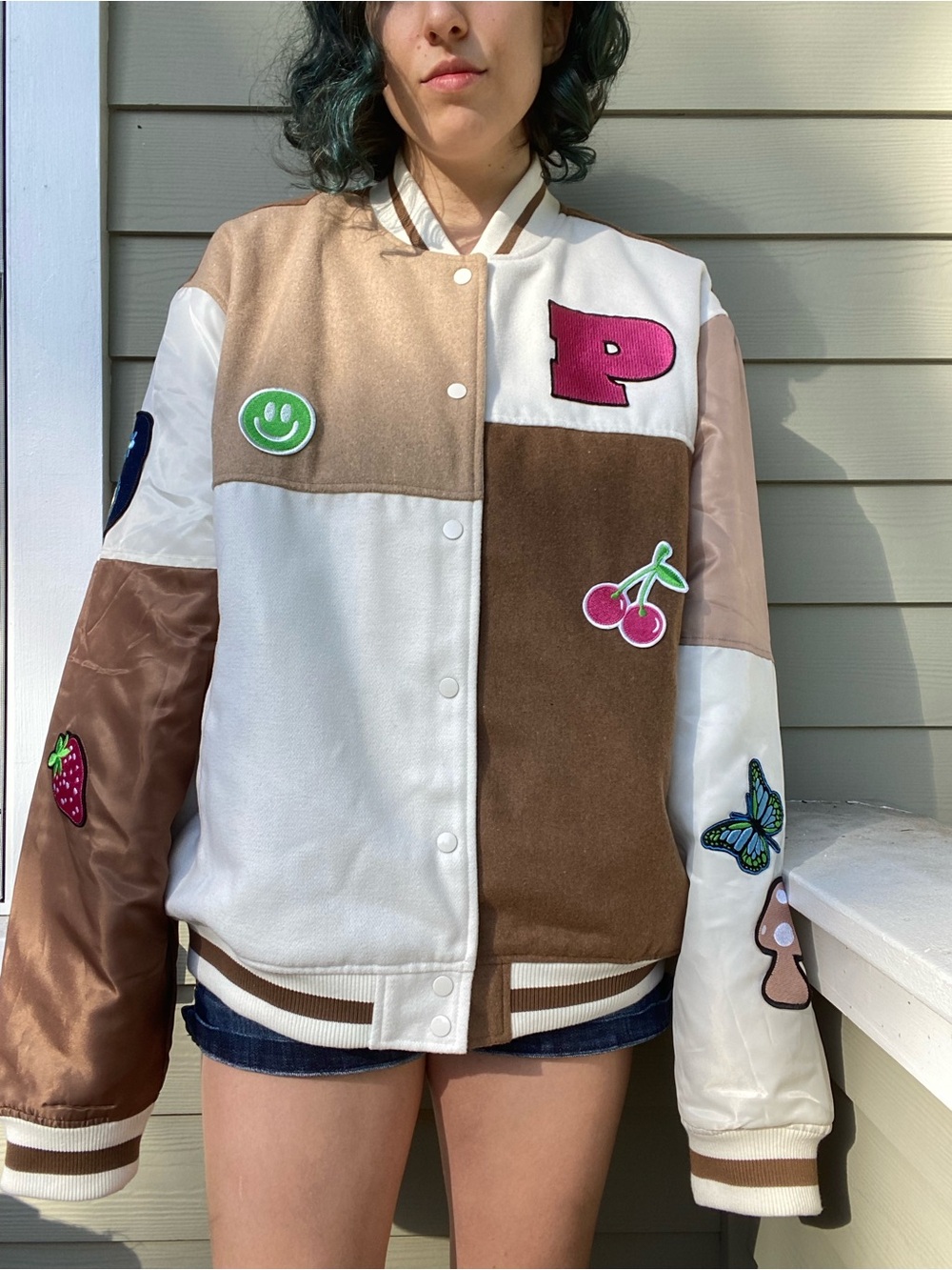 PacSun Brown Patchwork Letterman Varsity Bomber Jacket